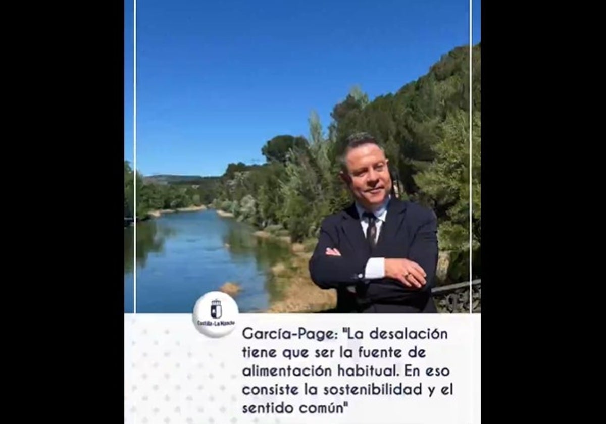 El presidente de Castilla-La Mancha, Emiliano García-Page, en el vídeo difundido en X por su Gobierno autonómico para abogar por el fin de los trasvases Tajo-Segura.