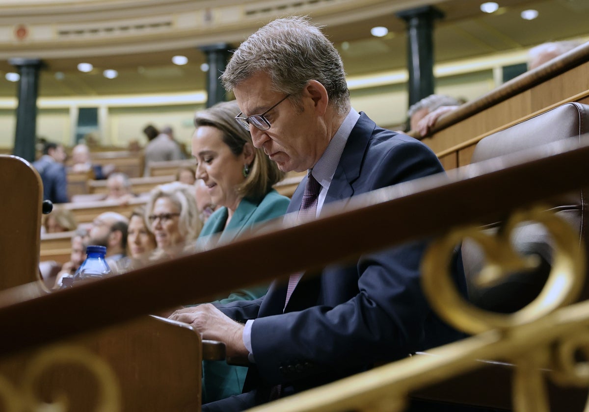 La secretaria general del PP, Cuca Gamarra, y su líder, Alberto Núñez Feijóo, durante la sesión de control al Gobierno