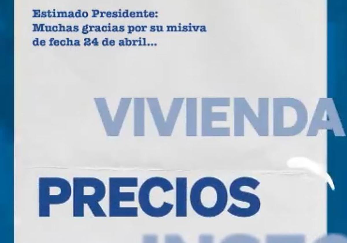 Ejemplo de encabezado de carta para Sánchez en el vídeo del PP