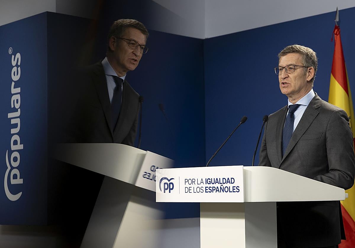 Alberto Núñez Feijóo, durante su intervención en la sede del PP