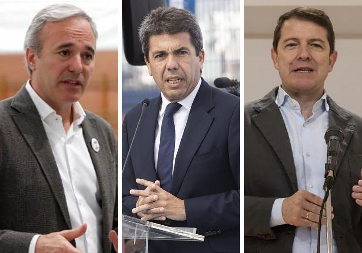 El presidente de Aragón, Jorge Azcón; el presidente de la Comunidad Valenciana, Carlos Mazón; y el presidente de Castilla y León, Alfonso Fernández Mañueco
