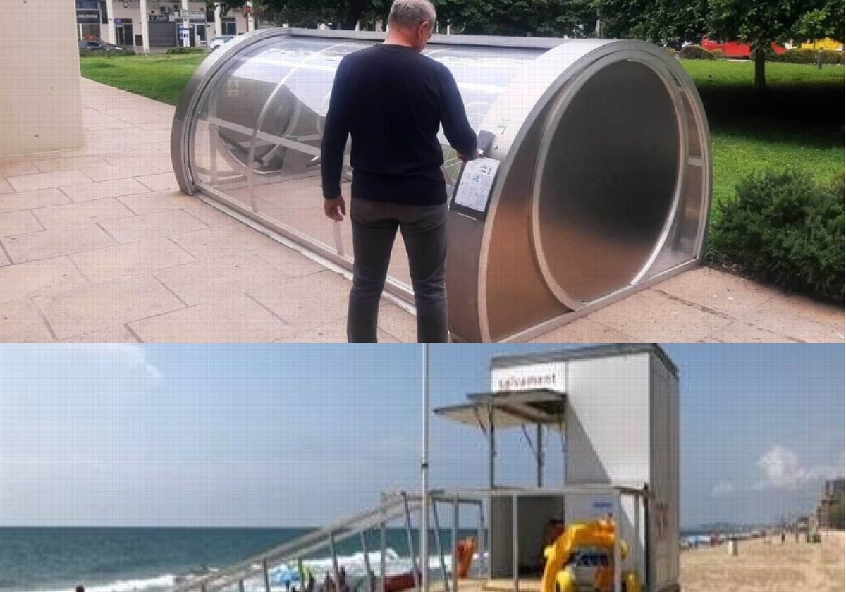 Cabina de protección contra los robos de bicicletas instaladas en Benidorm (arriba) y las que se piden para los socorristas en las playas.