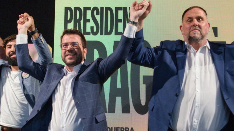 Pere Aragonès y Oriol Junqueras, hoy, en Tarragona, en el cierre de campaña de ERC