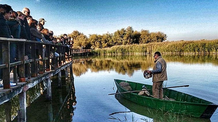 Un grupo de visitantes atiende las explicaciones de un barquero en el Parque Nacional de las Tablas de Daimiei