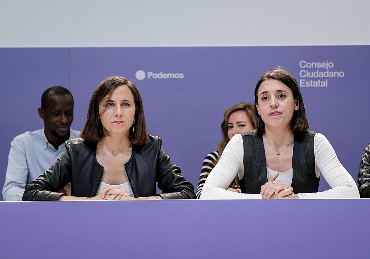 La líder de Podemos, Ione Belarra, junto a la candidata a las europeas, Irene Montero