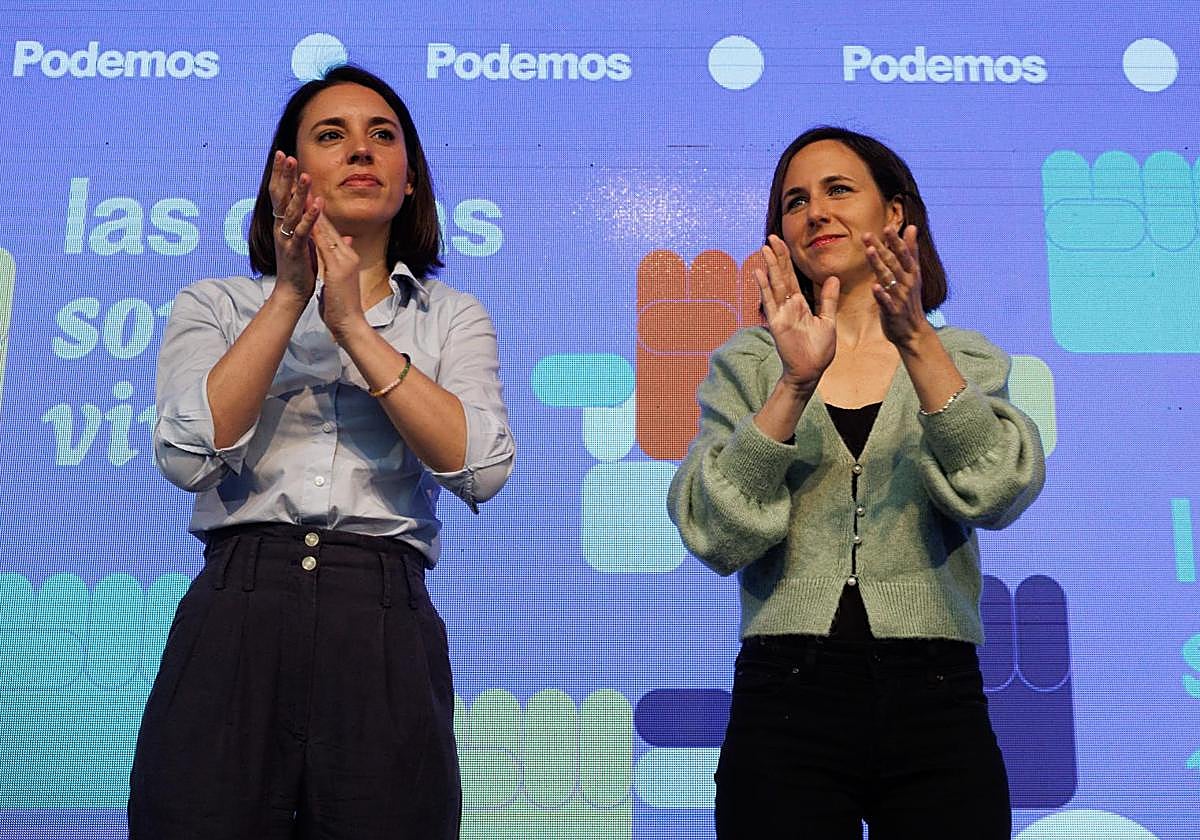 La candidata de Podemos, Irene Montero, y la secretaria general Ione Belarra