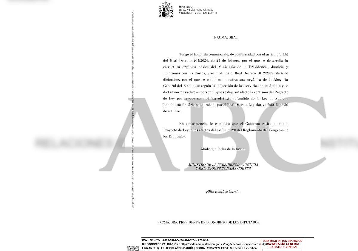 Documento de retirada del trámite de la reforma de la ley del suelo