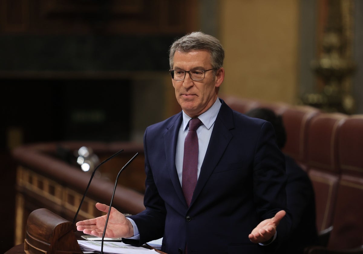 El presidente del PP, Alberto Núñez Feijóo, este miércoles, en la tribuna de oradores del Congreso