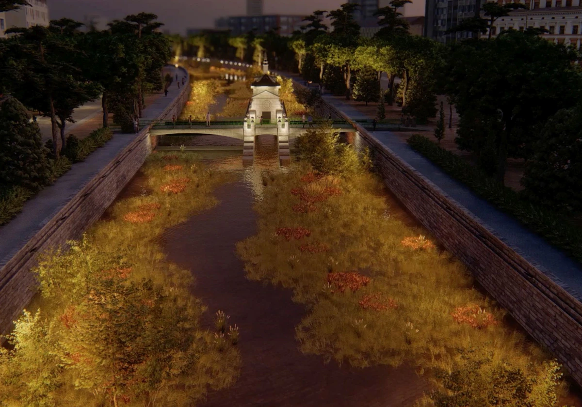 Recreación del proyecto municipal que iluminará un tramo del río Manzanares junto a la presa seis