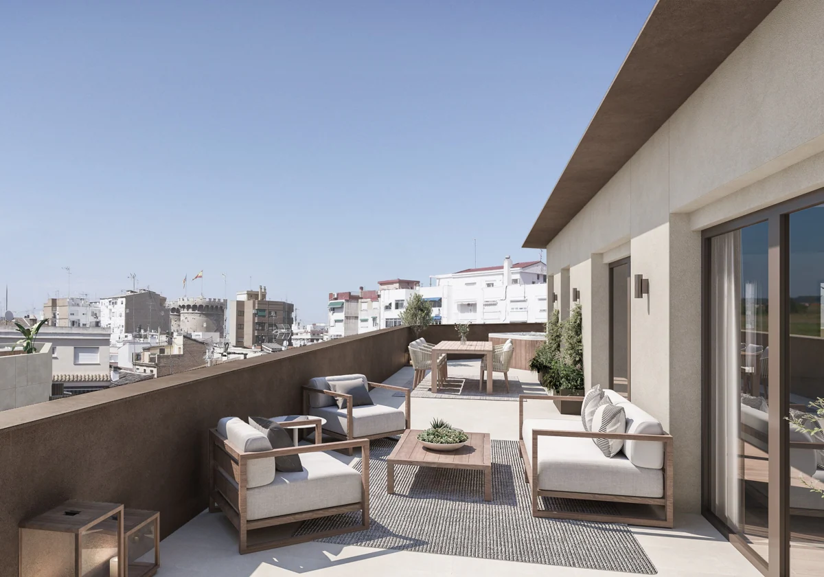 Terraza ático de las futuras viviendas de la promoción Viria de AEDAS Homes en el centro de Valencia
