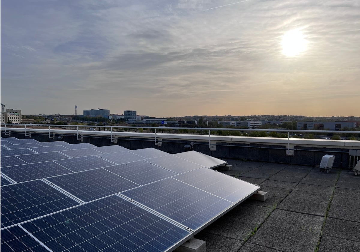 Paneles solares fotovoltaicos instalados en la cubierta de un edificio.