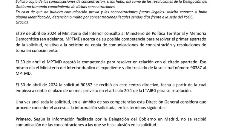 Captura de la respuesta ofifical del Ministerio de Política Territorial, confirmando que no hubo comunicaciones