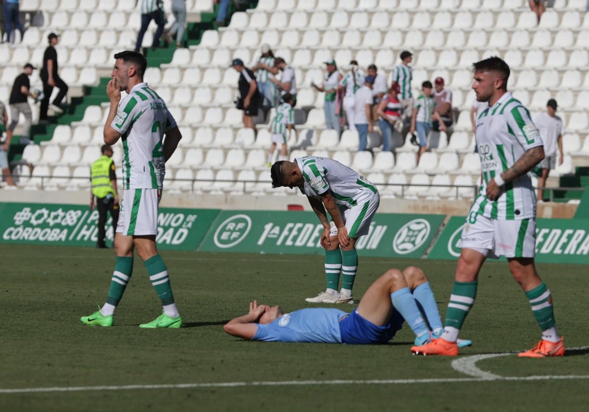 Los jugadores del Córdoba se lamentan de la derrota ante el Alcoyano en El Arcángel