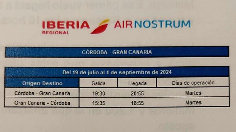 Air Nostrum inaugura sus vuelos directos desde Córdoba a Mallorca y Gran Canaria con 4.800 plazas