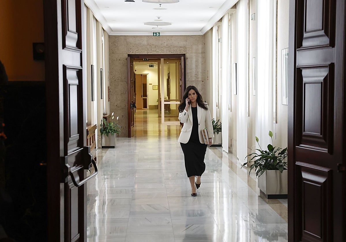 Pepa Millán, portavoz de Vox en el Congreso, hablando por teléfono en los pasillo de la Cámara