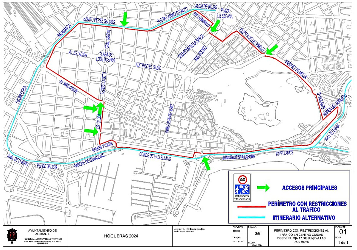 Mapa de los cortes de tráfico por la celebración de las fiestas de Hogueras de Alicante.
