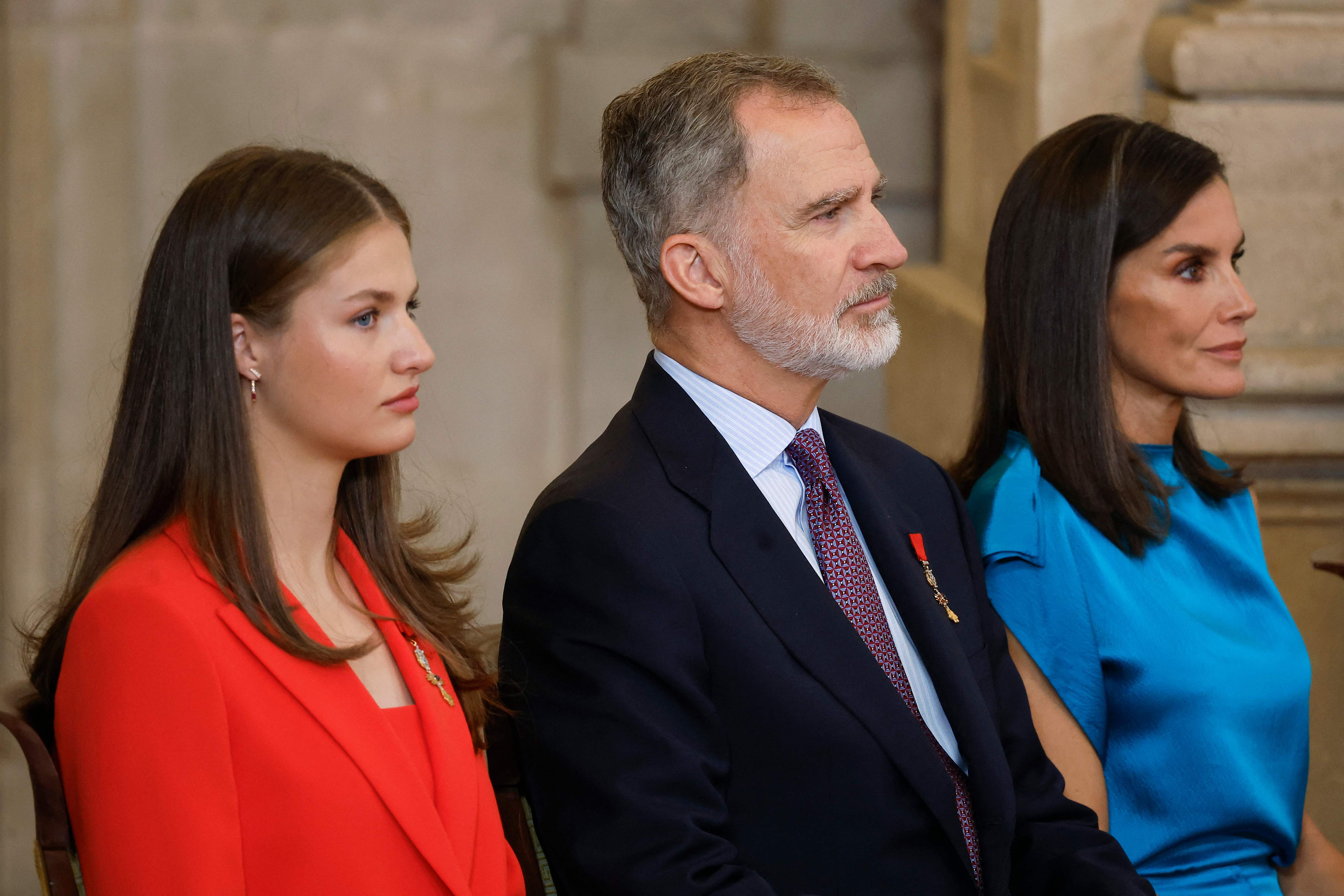 Leonor, el Rey Felipe VI y la Reina Letizia durante los actos de conmemoración por el décimo aniversario de su coronación.