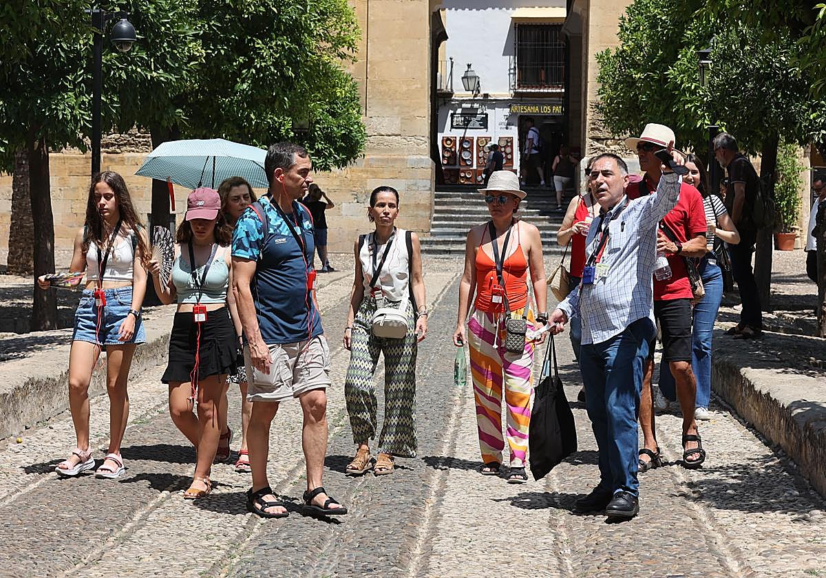 Un grupo de turistas atiende las indicaciones de un guía en el Patio de los Naranjos