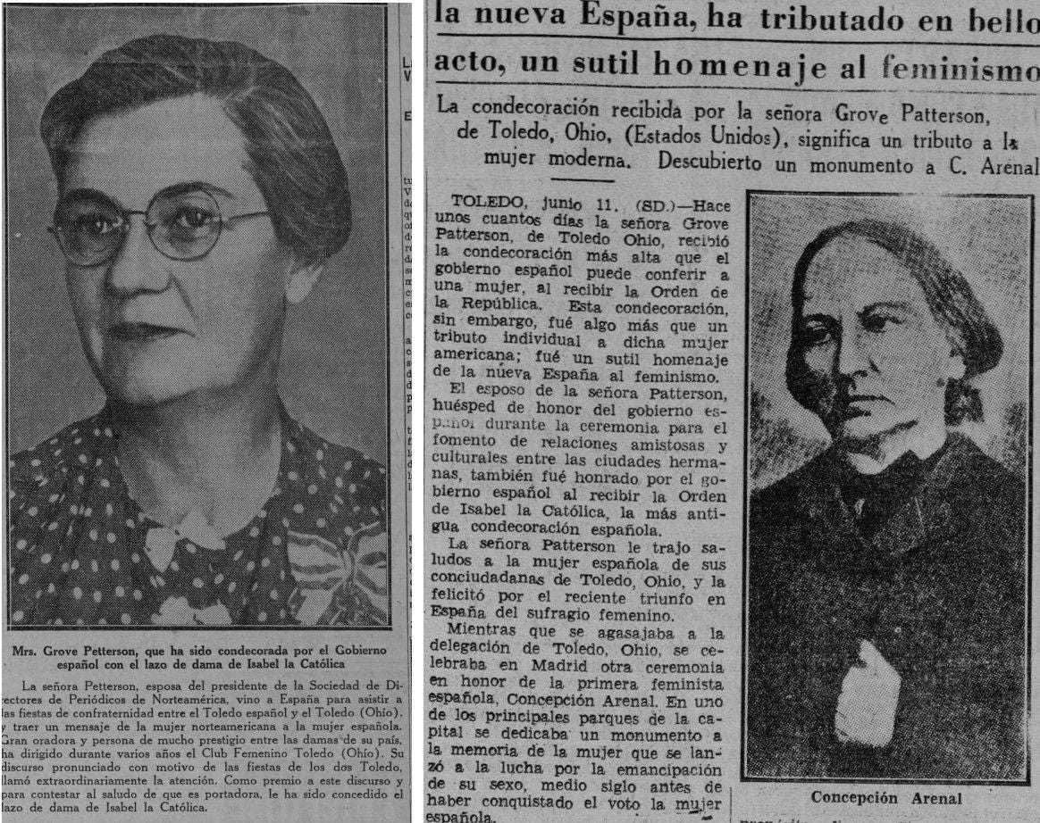 El 6 de junio, en Madrid, el Gobierno impuso la condecoración de Isabel la Católica a Mrs. Patterson, activa feminista en Toledo de Ohio. En 'El Debat'e (Madrid) y 'Diario de la Marina' (La Habana) glosaron el reconocimiento habido en Toledo a propósito del derecho del voto de la mujer en España logrado en 1933