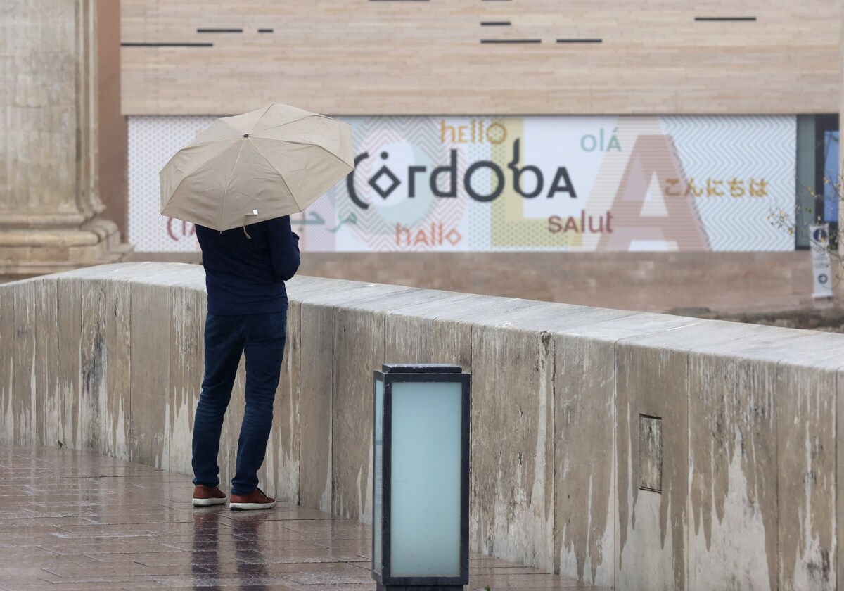 Un hombre se cubre con un paraguas de la lluvia en el Puente Romano de Córdoba