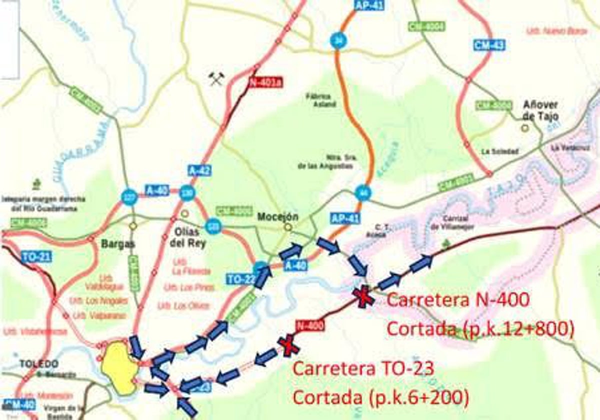 Mapa para el tráfico de salida desde Toledo hacia Ocaña