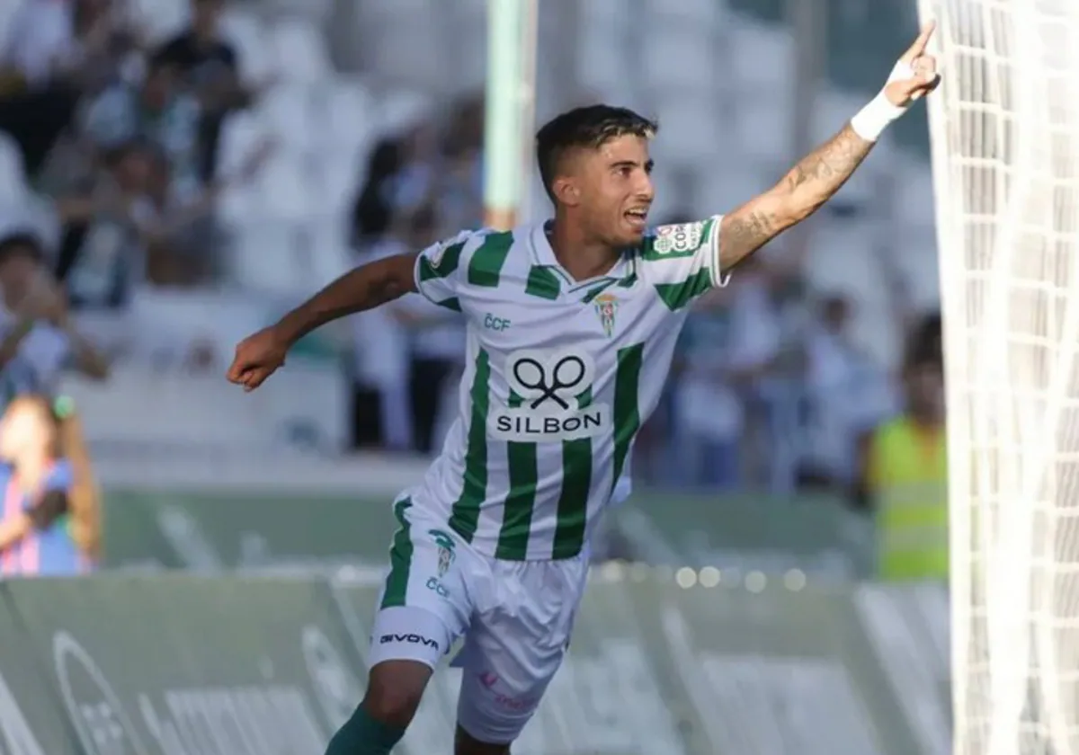 Calderón celebra su gol con el Córdoba en El Arcángel ante el Atlético Sanluqueño