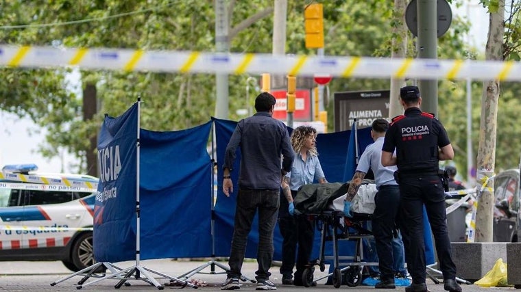 Mossos d'Esquedra llevando el cuerpo de E.L.M trasimpedir un robo durante la verbena de Sant Joan
