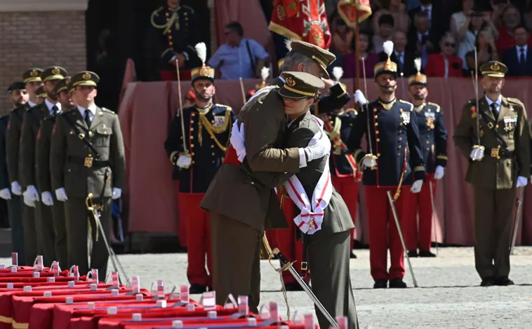 Imagen principal - El Rey Felipe VI y la Princesa Leonor, durante la entrega de los Reales Despachos. En la última, la infanta Sofía felicita a la princesa de Asturias