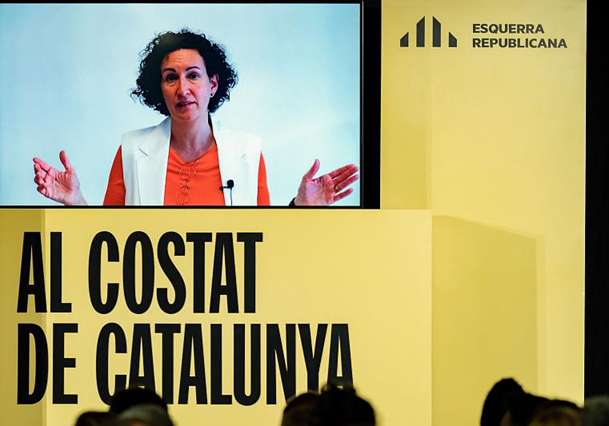 Marta Rovira haciendo una parición por videoconferencia en un evento de ERC