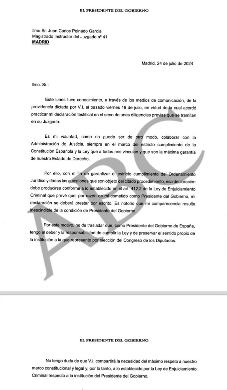 Imagen - La carta del presidente del Gobierno al juez Peinado