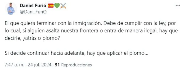 Un concejal valenciano de Vox pide «aplicar el plomo» contra los inmigrantes irregulares en la frontera