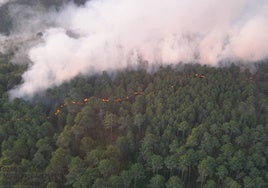 Más de medio centenar de medios combaten el incendio provocado en El Hornillo (Ávila)