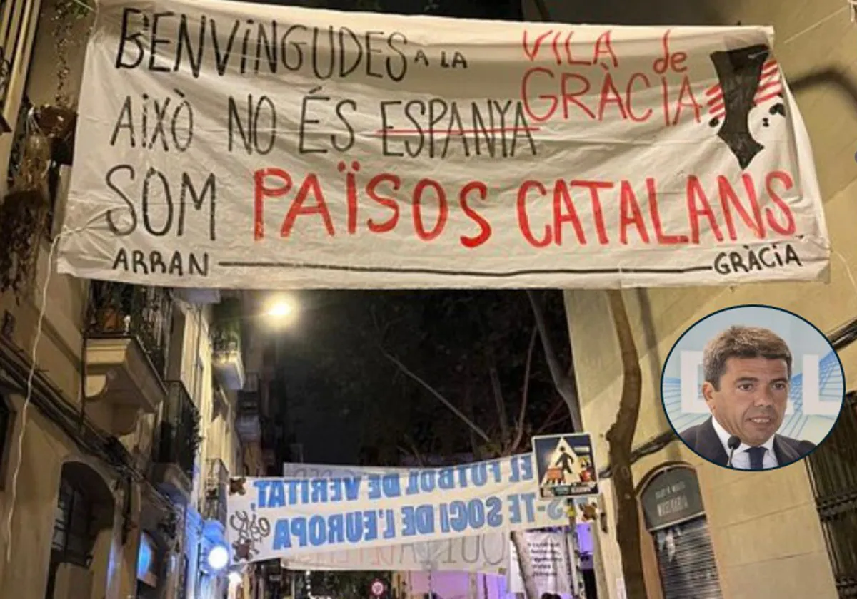 Pancarta en unas fiestas de Barcelona con la denominación «países catalanes», difundida por Carlos Mazón (a la derecha)