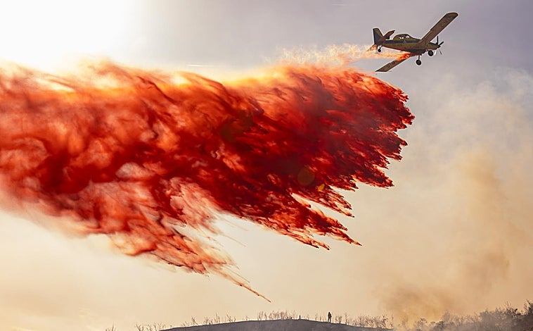 Imagen principal - Un avión lanza una descarga de retardante en Marbella. Francisco Berlanga trata de apagar una llama y Rafael Torres ahoga el fuego con la punta de lanza de la manguera. 