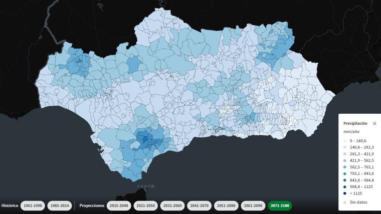 Proyección de precipitaciones anuales en Andalucía entre 2071 y 2100