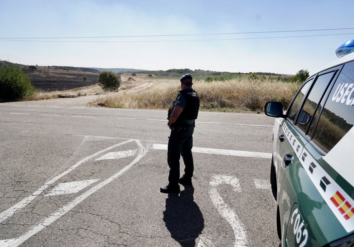 Un agente de la Guardia Civil, junto a la zona quemada en el incendio de Castrillo de los Polvazares (León)