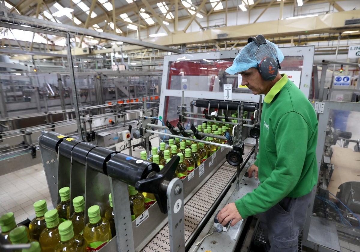 Un trabajador en las instalaciones del gigante del aceite Deoleo, en Córdoba