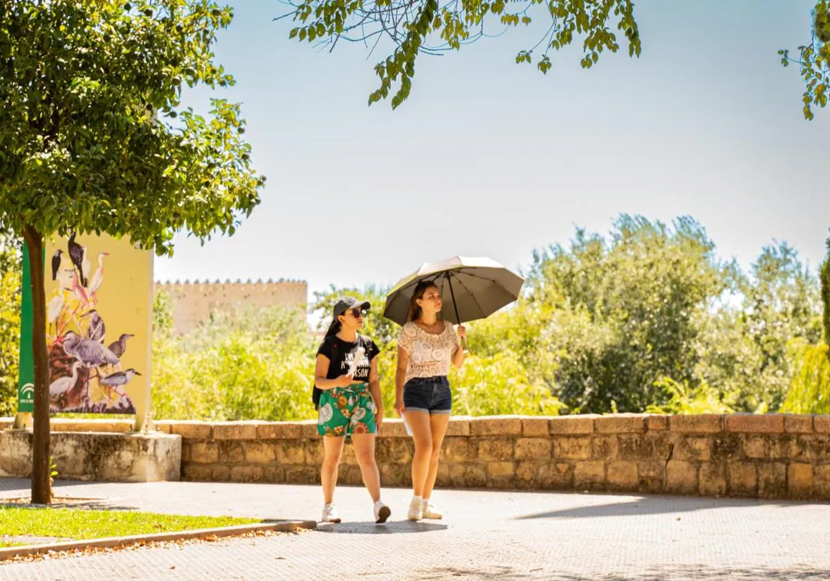 Turistas bajo un paraguas para resguardarse de las altas temperaturas