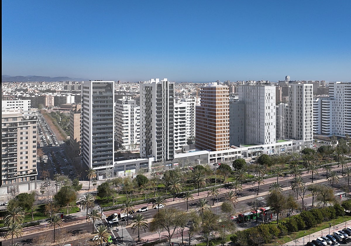 Imagen aérea de cómo será la promoción Barocci de AEDAS Homes en Valencia, frente al Hospital de La Fe.