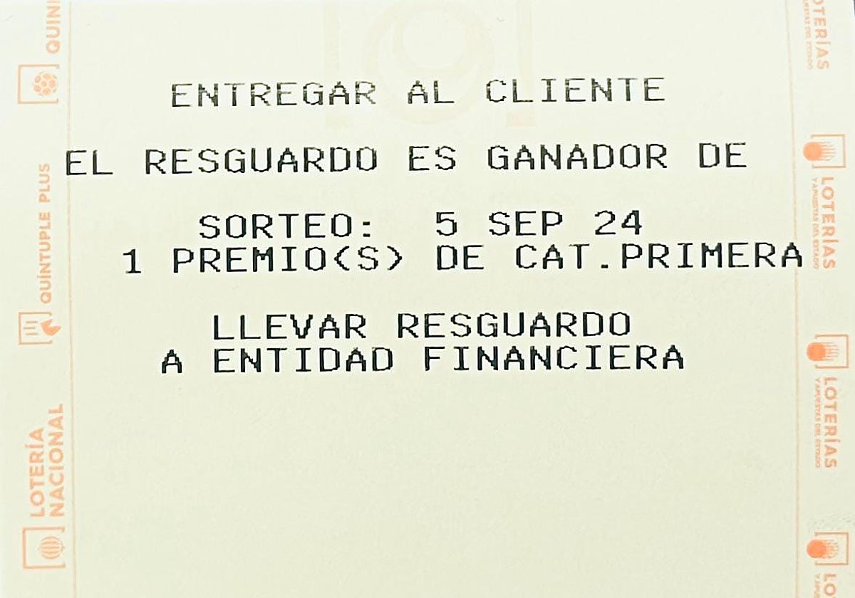 Imagen del resguardo de boleto agraciado en una administración de lotería de Ontinyent