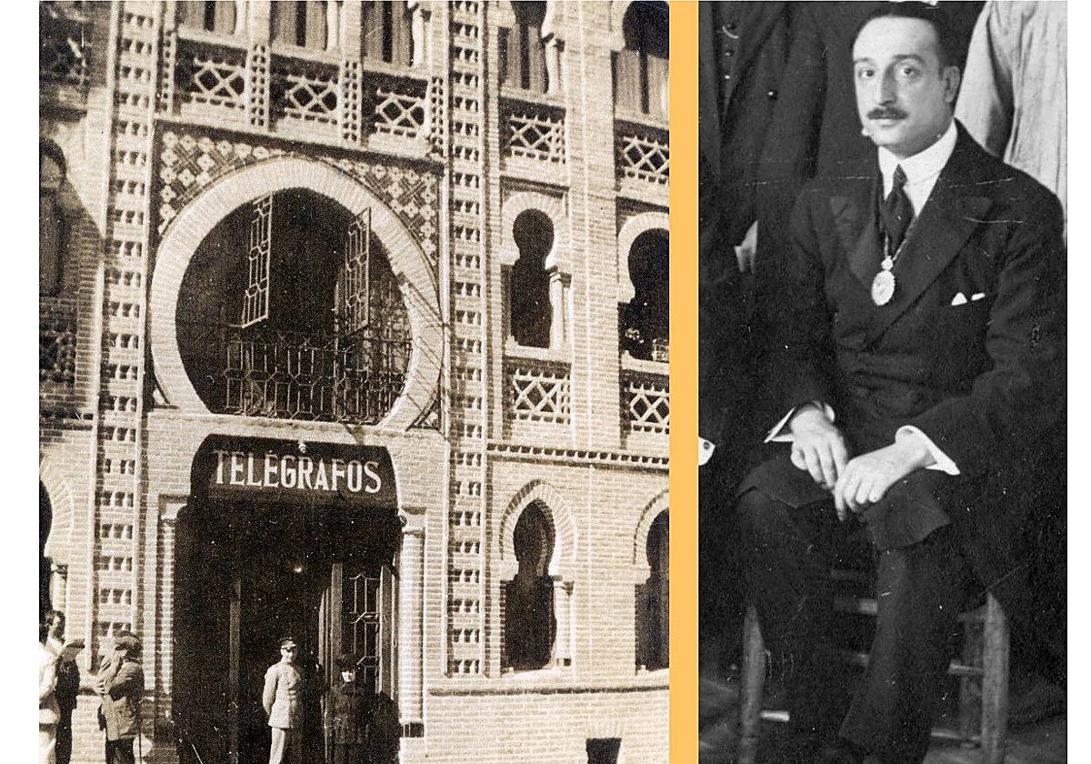 Entre 1916 y 1918, tras esta vistosa fachada de la cuesta del Alcázar funcionó el Hotel París. Después, hasta 1933, albergó la oficina de Telégrafos como muestra una antigua foto (Archivo Municipal de Toledo, Colección Alba). A la derecha Álvaro González Saz (1883-1936) arquitecto del Catastro y municipal y, desde 1918, miembro de la Real Academia de Bellas Artes y Ciencias Históricas de Toledo