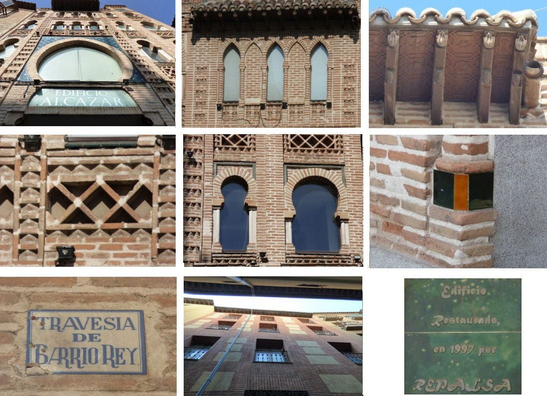 Composición y detalles de la fachada. Entre ellos, el revés del tejaroz con decoración de lacería islámica y una de las gárgolas. El ladrillo, con retoques de cerámica, es el protagonista constructivo. En la estrecha travesía de Barrio Rey se mantienen unos escuetos antepechos metálicos en los balcones con arcos de herradura apuntados