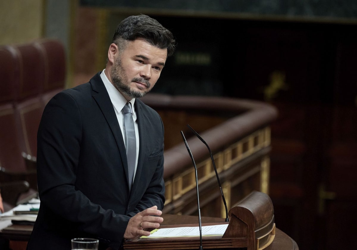 El portavoz de ERC en el Congreso, Gabriel Rufián, en su primera intervención durante la comparecencia de Pedro Sánchez en la Cámara Baja