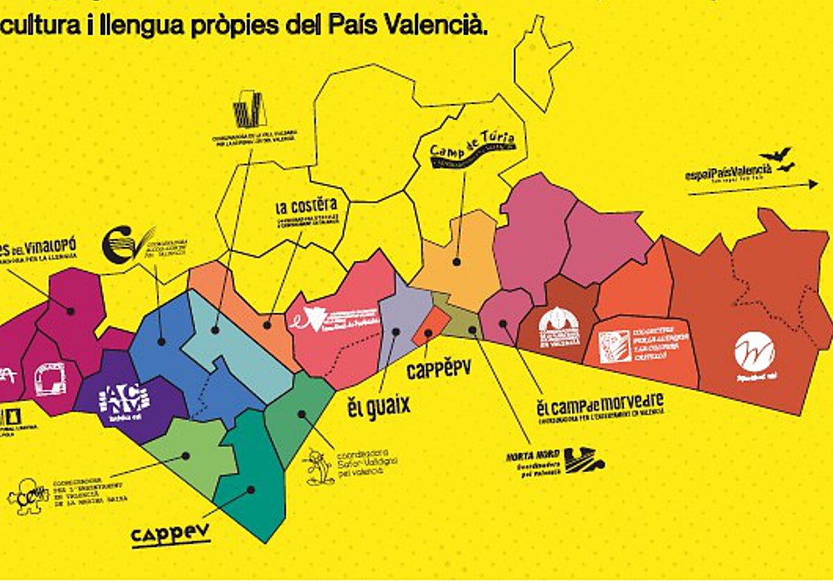 Imagen difundida por Escola Valenciana en su catálogo en el que se refiere al «país valenciano» con un mapa de la Comunidad Valenciana