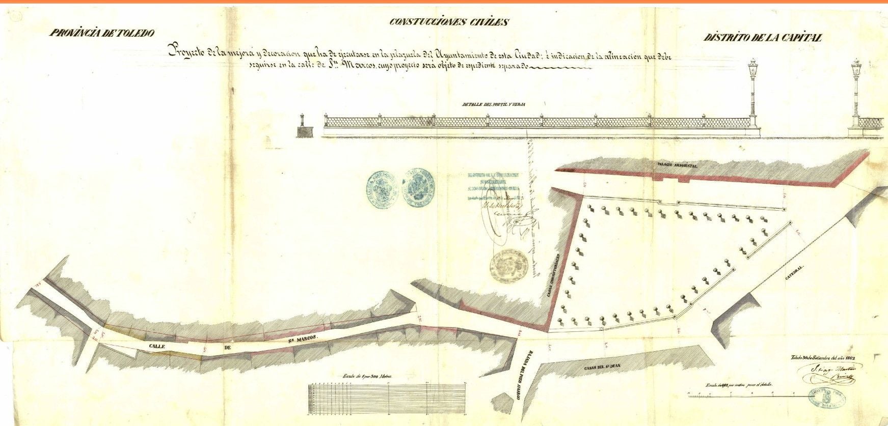 Proyecto del arquitecto Santiago Martín y Ruiz (1862) para reformar la plaza del Ayuntamiento con tres ejes de asientos divididos en cuatro tramos. El estanque central se añadió en 1864. También recoge la propuesta para regularizar la calle de San Marcos hacia la plaza Juego de Pelota. Archivo Municipal de Toledo