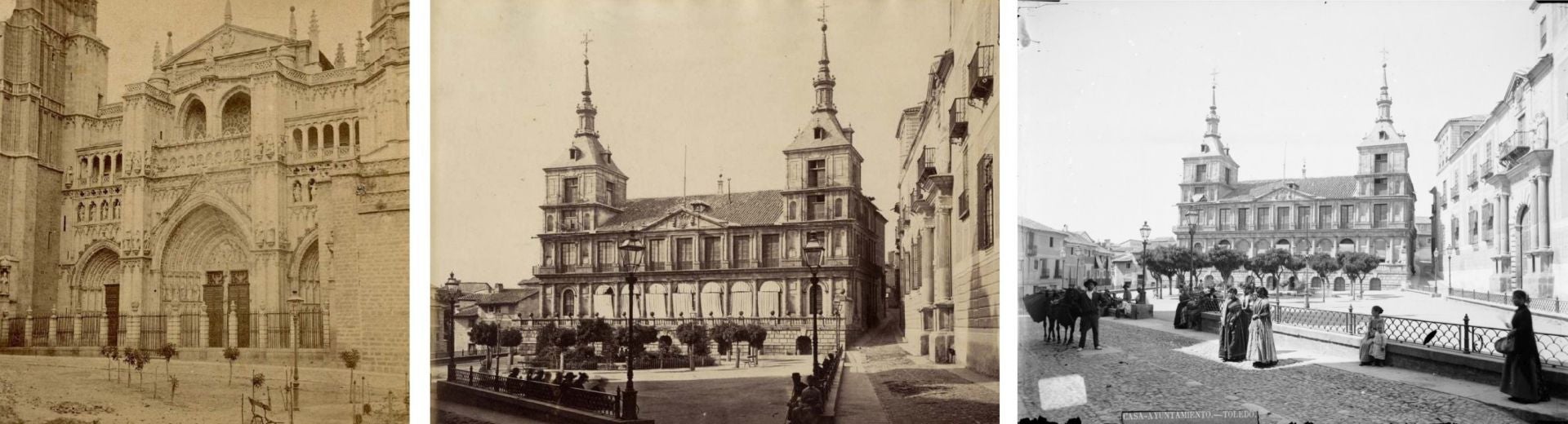 A la izquierda imagen tomada por Ernest Lamy en 1863 con el inicio de las obras en la plaza y árboles recién plantados. En el centro, la foto de Laurent (ca. 1874) muestra el estanque ajardinado y la subida hacia la plaza del Consistorio. A la derecha, en la escena de Alguacil (ca. 1885), aparece la calzada hacia la calle de la Ciudad. En las tres vistas se aprecia el crecimiento de la primitiva masa vegetal. Archivo Municipal de Toledo
