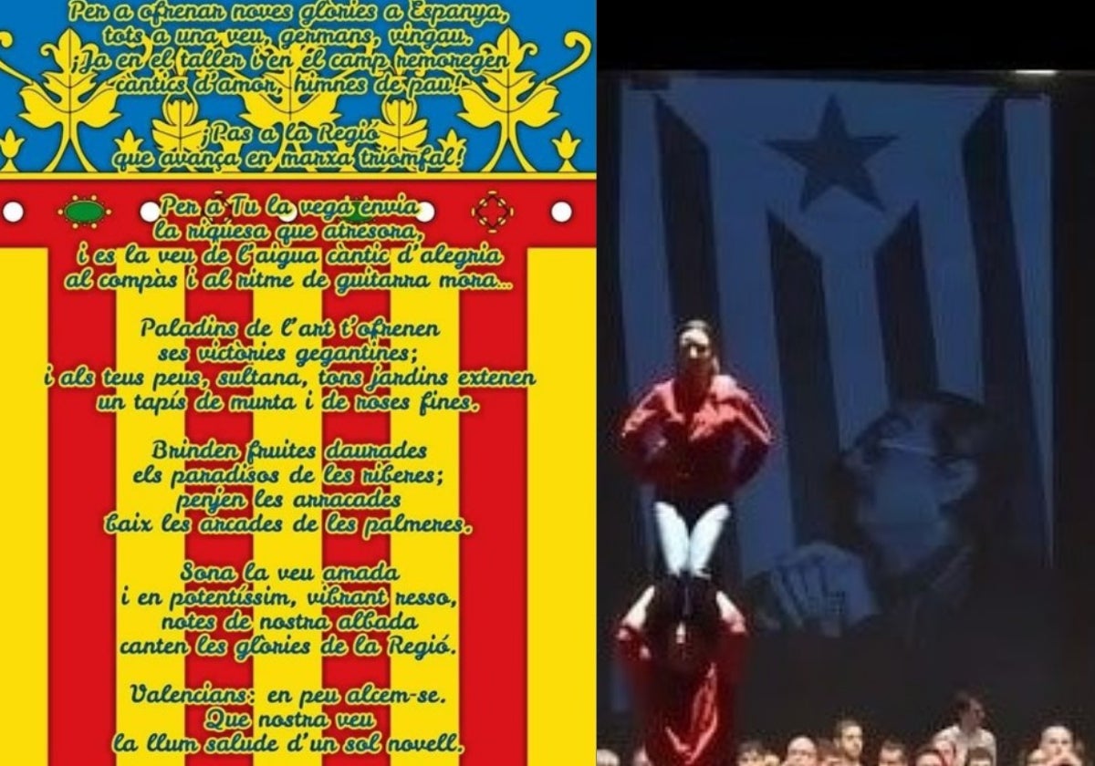 El Himno de la Comunitat Valenciana y el ansiado por el independentismo catalán, simbolizado en la Muixeranga d'Algemesí, con una imagen de su ideólogo Joan Fuster