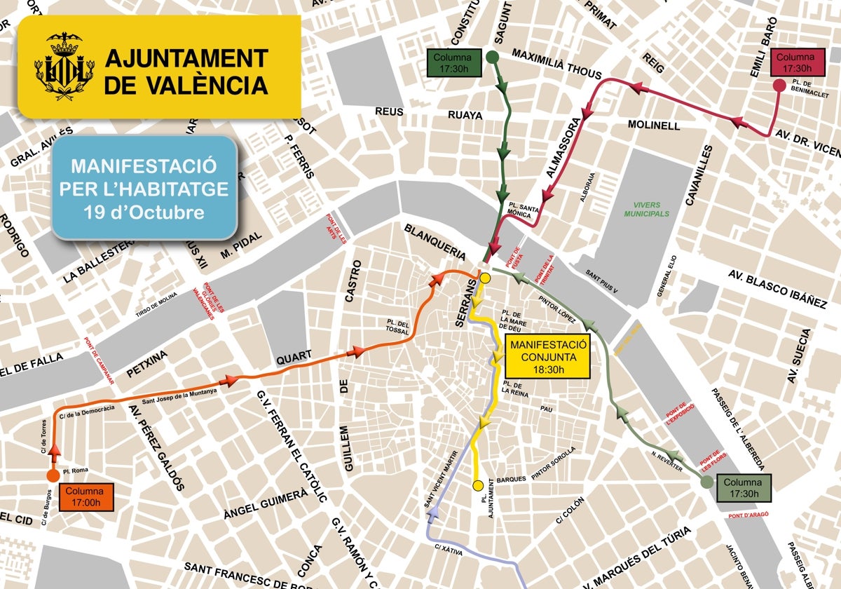 Recorrido de la manifestación por la vivienda en Valencia de este sábado 19 de octubre