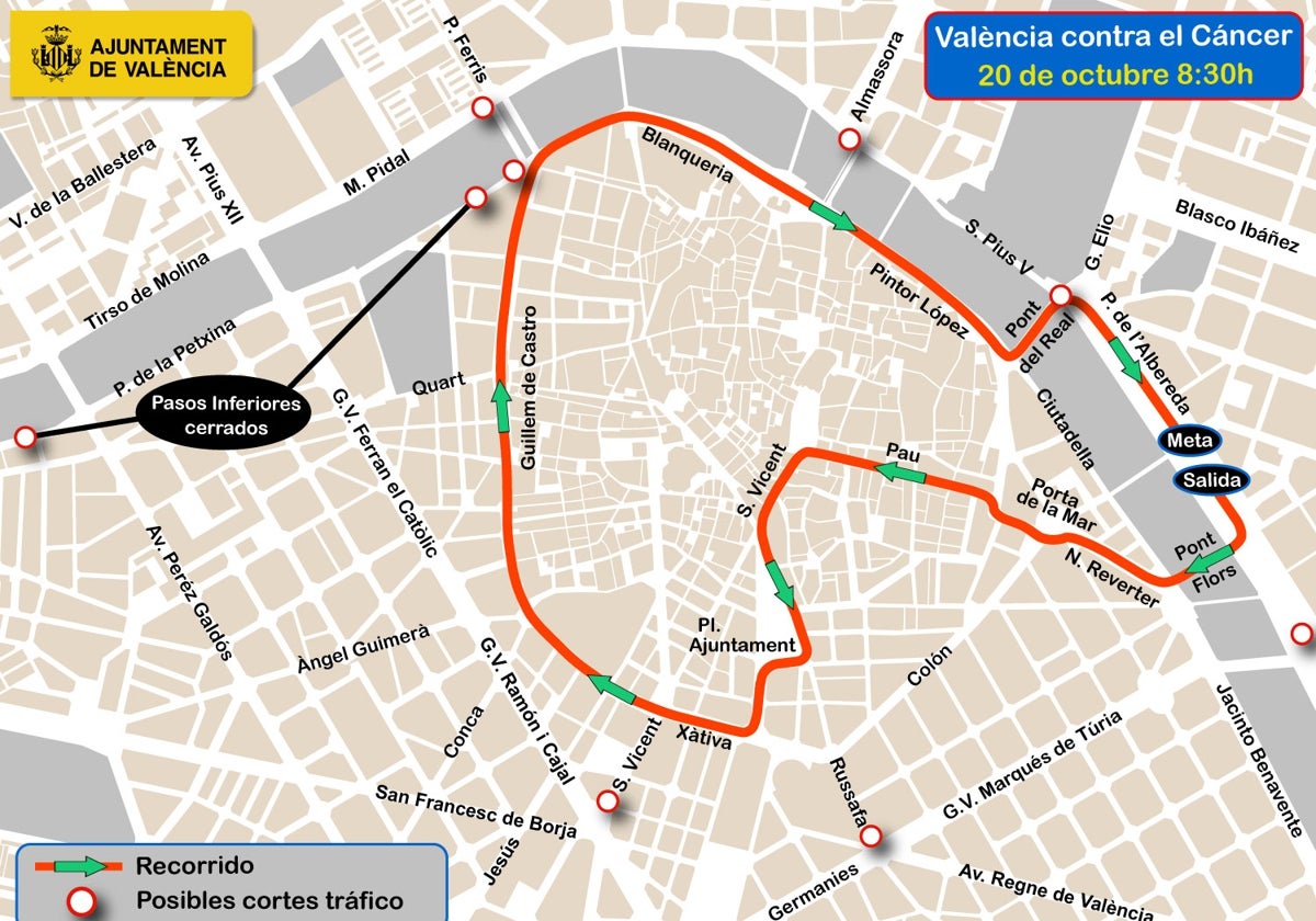 Circuito de la carrera contra el cáncer el domingo 20 de octubre en Valencia