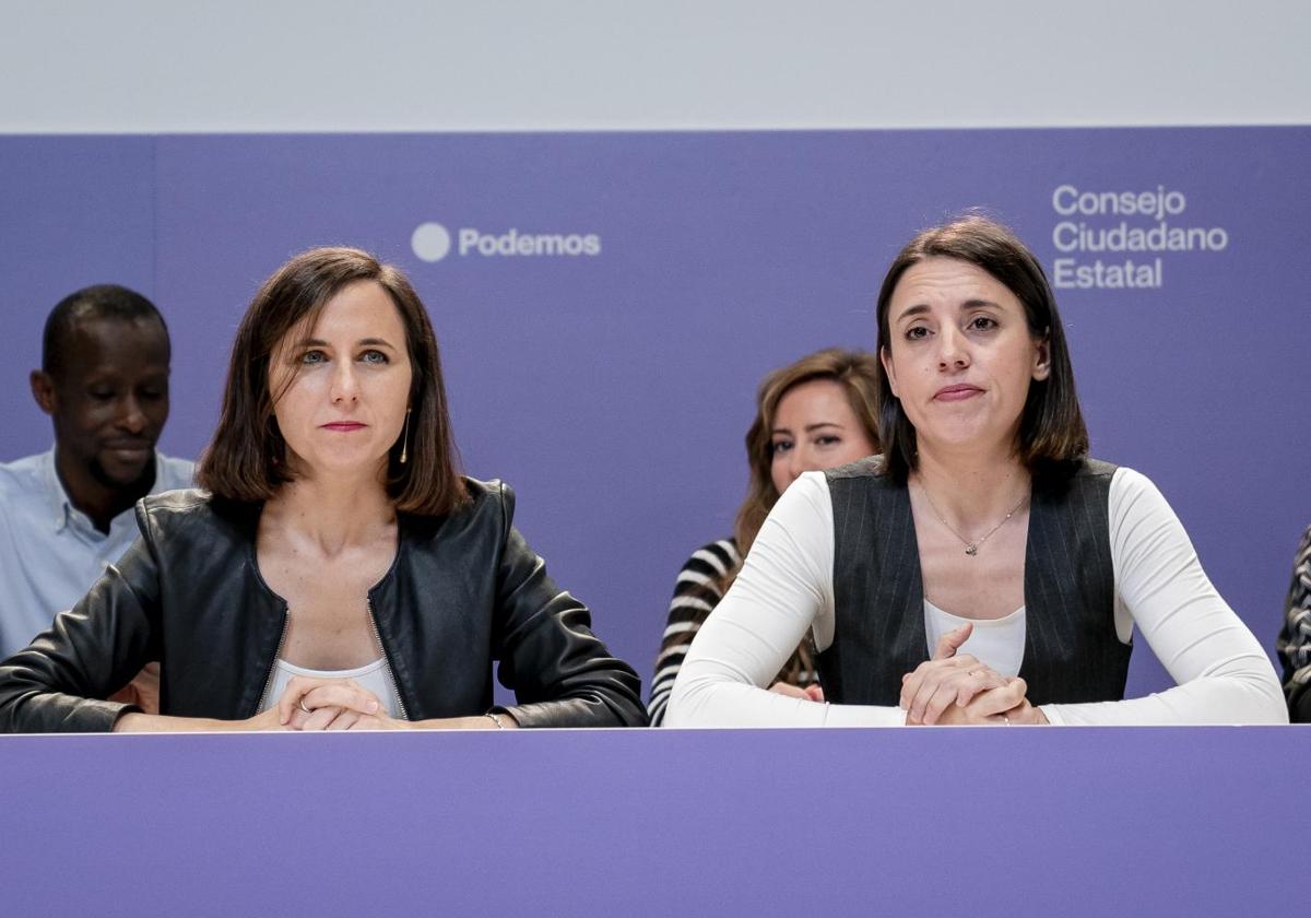 La secretaria general de Podemos, Ione Belarra, y la eurodiputada y exministra Irene Montero